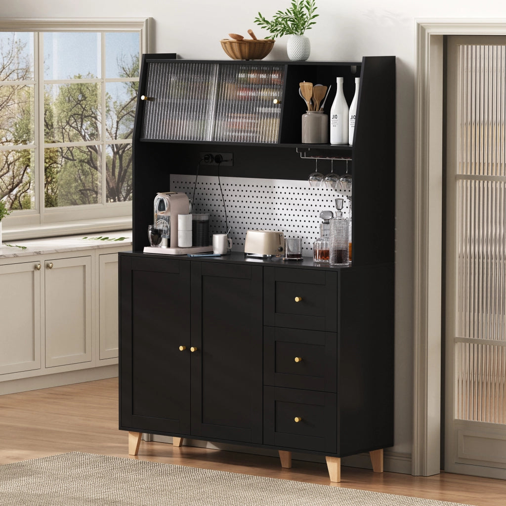 Credenza alta da cucina con 2 ante; 3 cassetti; ripiani regolabili; prese e portabicchieri; in MDF; 120 x 40 x 184 cm; nero