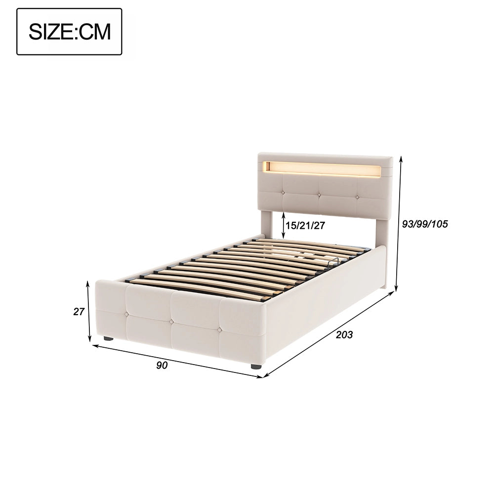 Letto a cassone imbottito per bambini - Xylo - 90x200 cm - Beige - Illuminazione LED, testiera regolabile