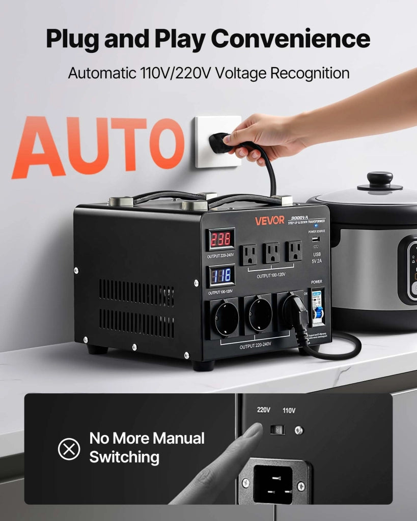 Trasformatore di Tensione Automatico 3000 VA 110V 220V Step-Up Step-Down, Convertitore con 3 Prese USA 3 Prese UE e Display LCD