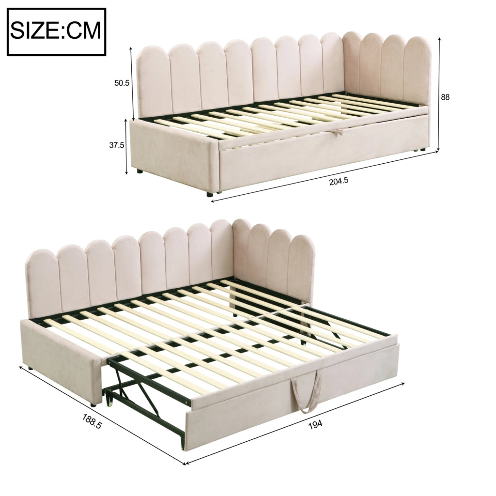 Divano letto 90x200 cm; estraibile a L in velluto; beige