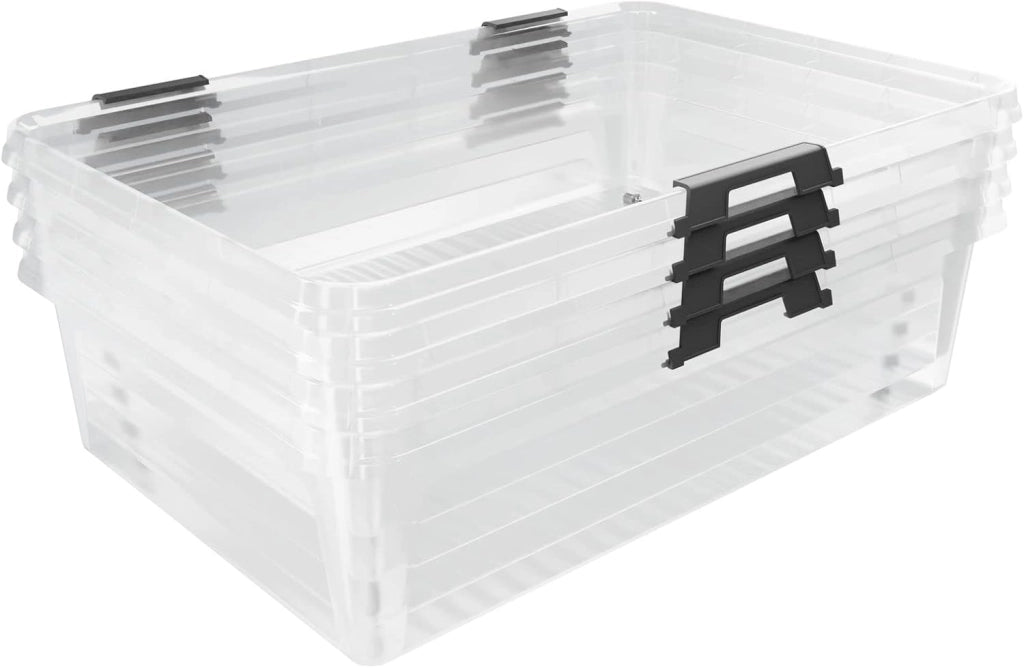 4X 30L Scatole in Plastica Trasparente Senza BPA Contenitori con Coperchio Impilabili Ruote Cassette Salvaspazio