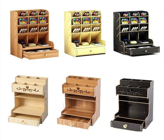 Organizzatore per Ufficio in Legno - Multifunzionale - Organizzatore con Schede - Cestelli per Materiali da Ufficio - Facile da Assemblare - Design Moderno