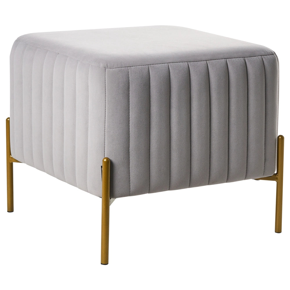 Pouf rivestito in velluto grigio con gambe in metallo dorato seduta quadrata 47 x 47 cm per un salotto glamour