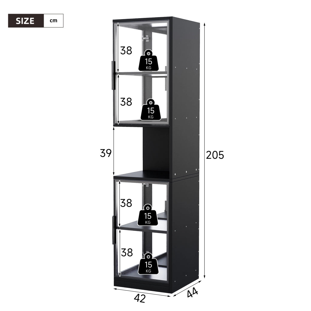 Vetrina LED alta 205 cm in vetro trasparente con retro a specchio, luce multicolore e protezione antiribaltamento, colore nero