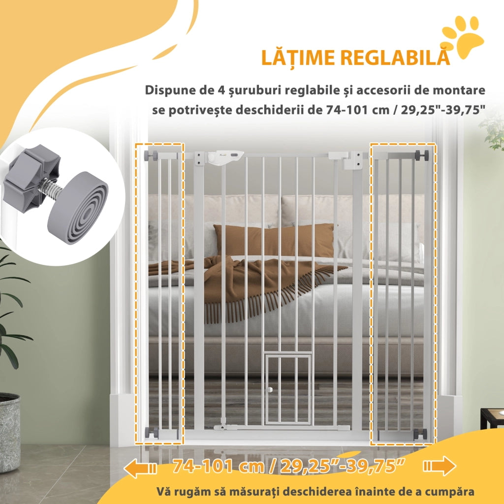 Cancellino per Cani Regolabile 74-101x104 cm con Porta Piccola e Chiusura Automatica in Acciaio Bianco