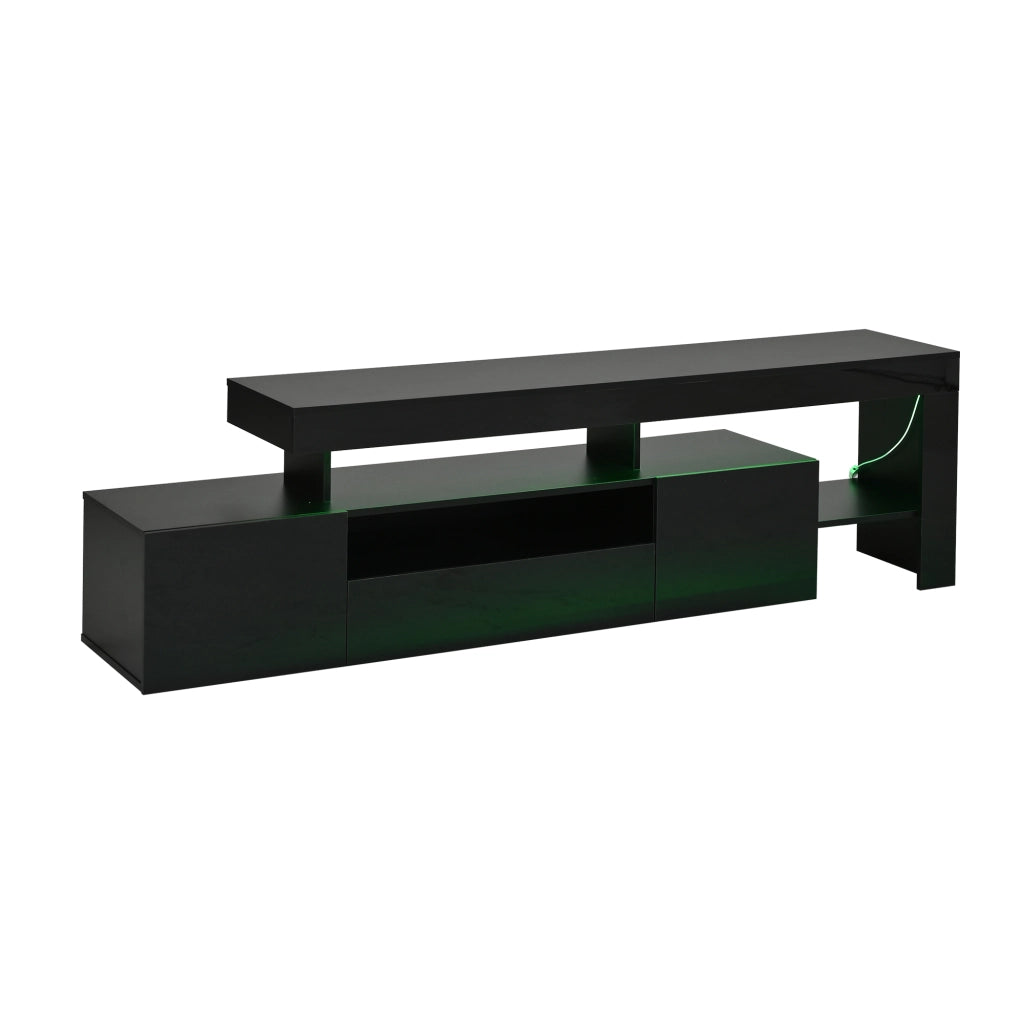 Mobile TV lucido nero 192x37x53 cm per TV fino a 85", con 3 ante, LED con controllo da app e ripiani aperti