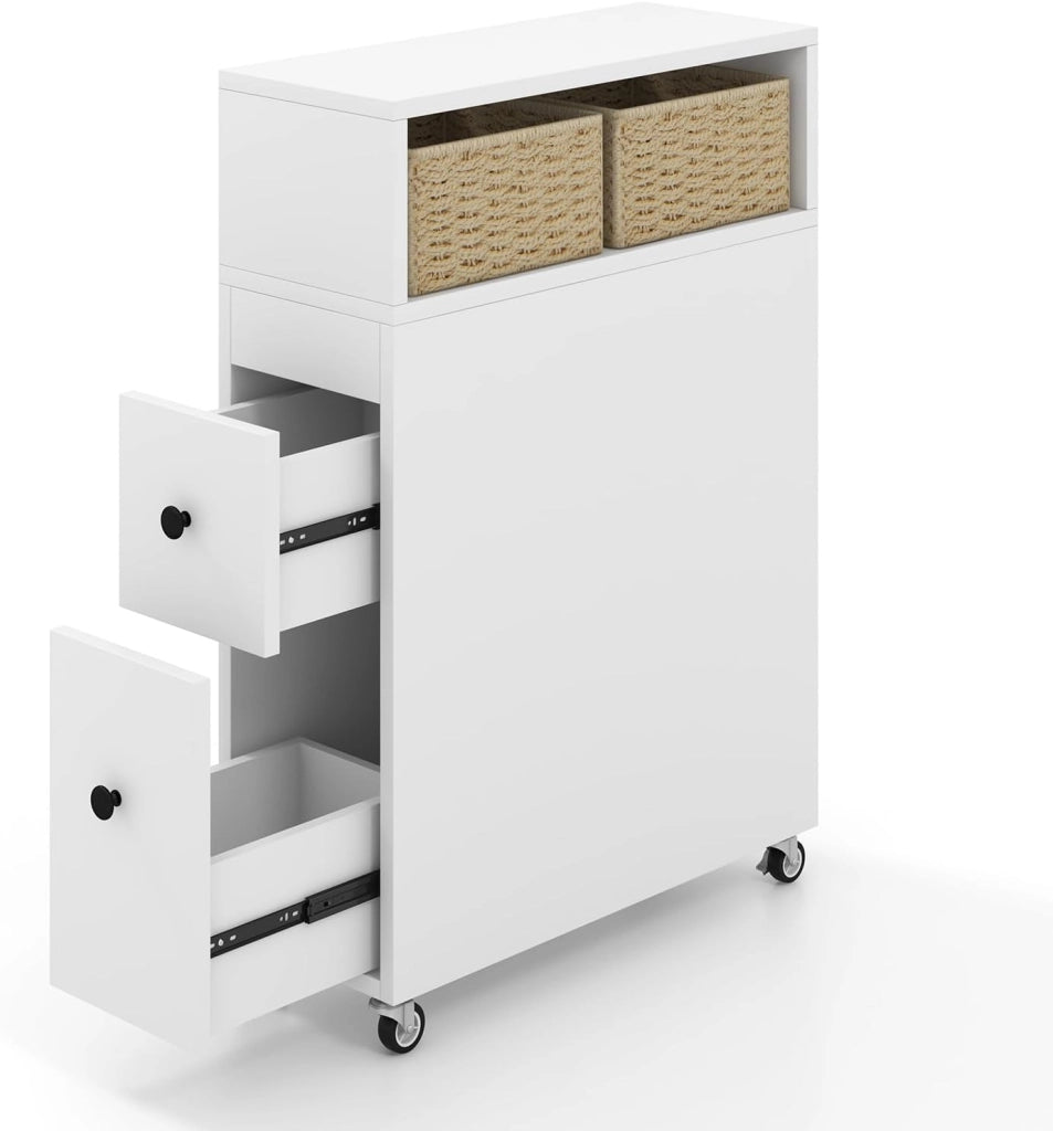 Mobile Bagno 50 x 19 x 72 cm, Arredo Salvaspazio con 2 Cassetti, 2 Cesti in Rattan, Ruote e Ripiani, Armadietto Stretto per Spazi Ridotti, Salotto e Cucina (Bianco)