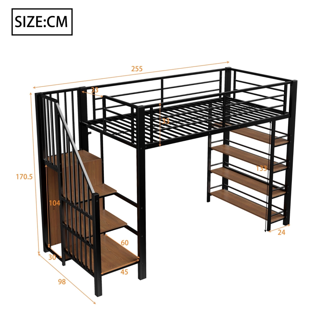 Letto a soppalco 90x200 cm in metallo nero con scala, armadietto e ripiani, portata 120 kg