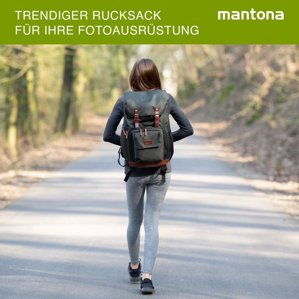 Mantona Luis junior Retro Zaino fotografico grigio, per fotocamera con copertura antipioggia, borsa fotografica con scomparto per laptop, DSLR, 3 obiettivi e accessori fotografici