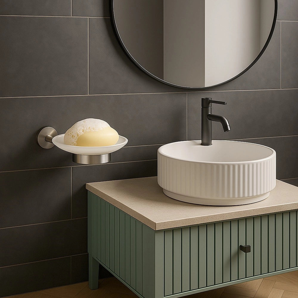 Trade Shop - Porta Sapone In Acciaio Satinato Con Piattino Vetro Satinato Accessori Da Bagno 87905 -