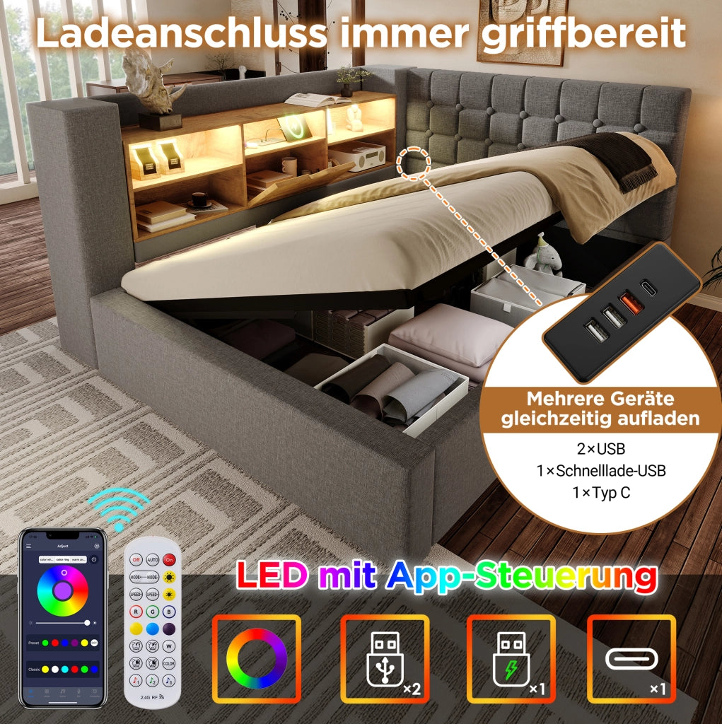Letto imbottito 140x200 cm grigio con LED, USB e contenitore
