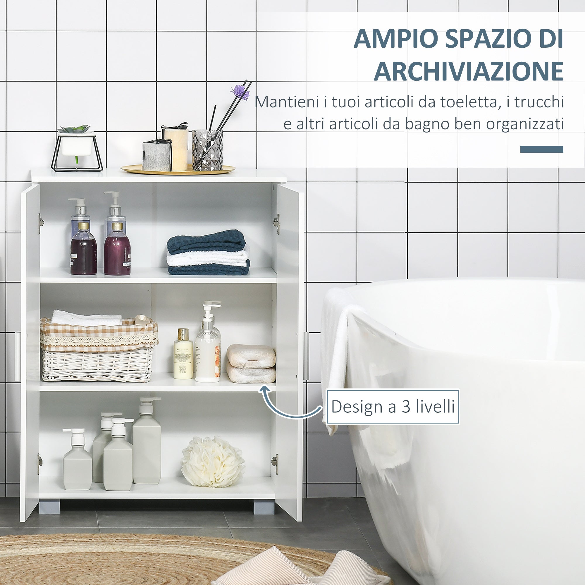 Mobile Bagno Moderno 60x30x80 cm con 2 Ante e Maniglie Argentate in MDF Bianco