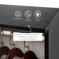 Armadio con 2 Guardaroba, 5 Ripiani e 6 Ruote, in Legno e Alluminio, 120x40x128 cm, Nero