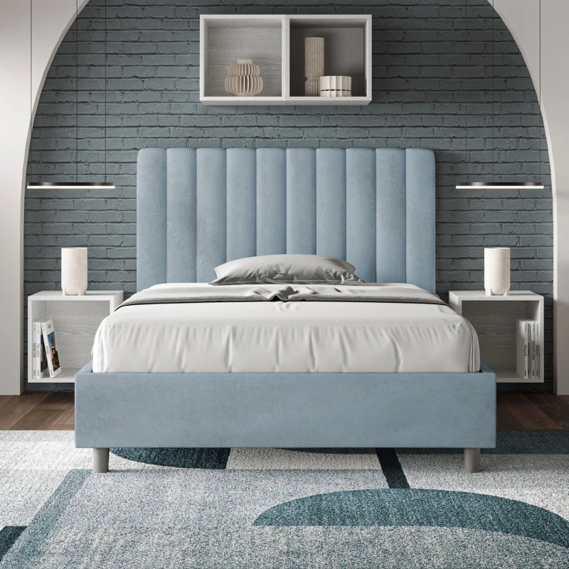 Letto imbottito 1 piazza e mezza 120x210 cm Agueda - Contenitore,Microfibra,Azzurro