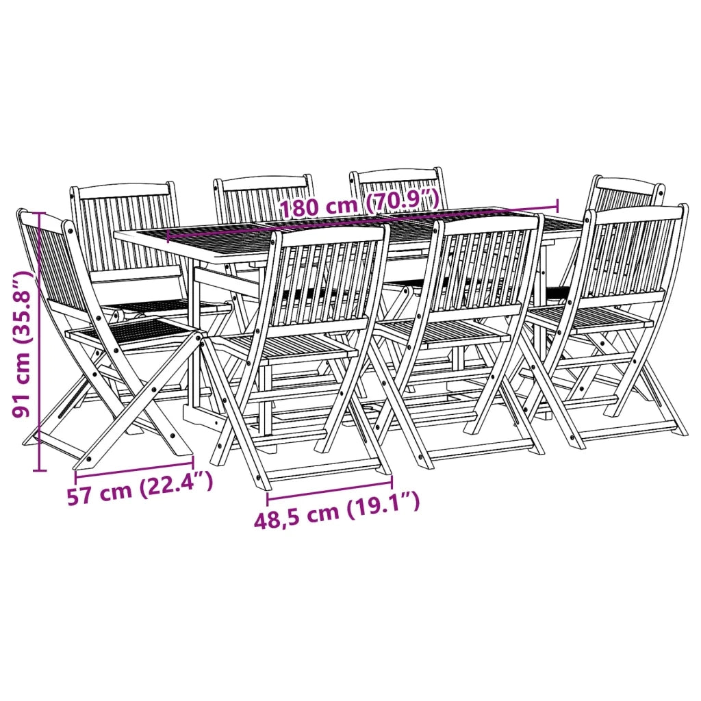 vidaXL Set da Pranzo da Giardino 9pz 180x90x75cm Legno Massello Acacia