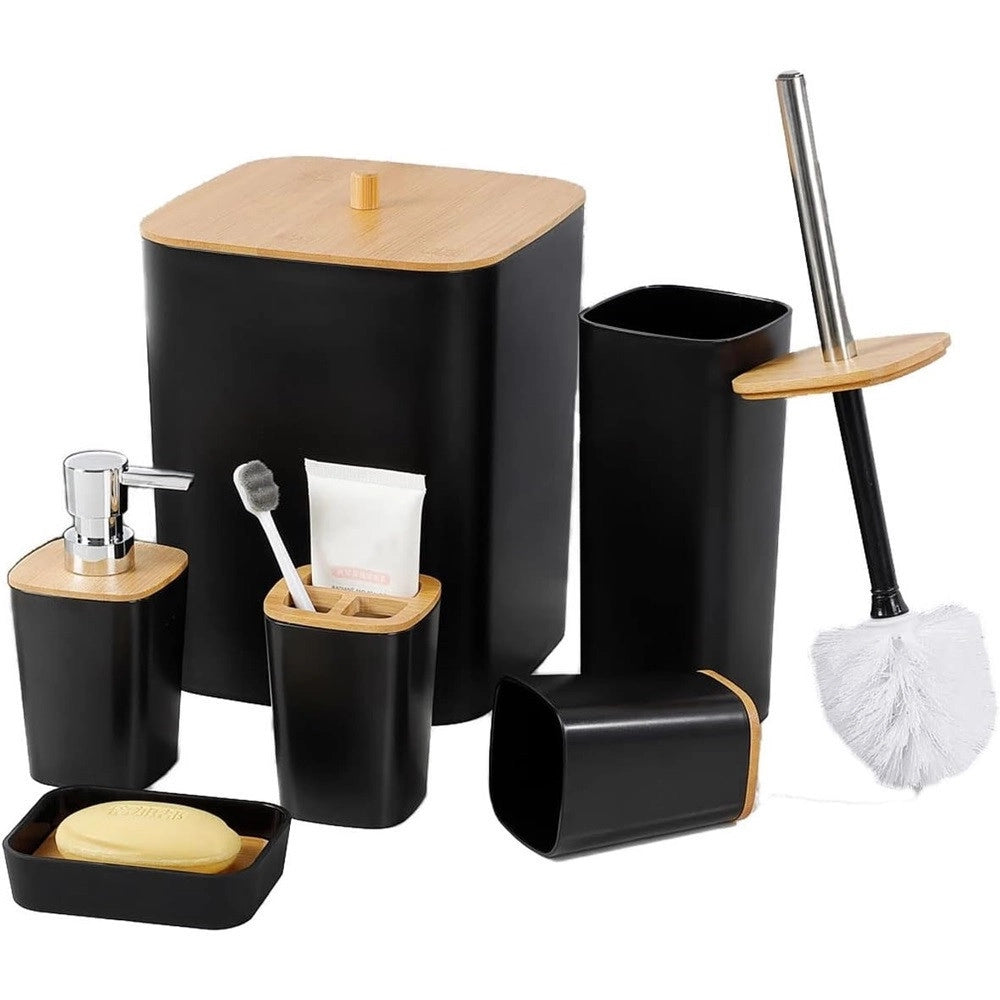 Trade Shop - Set Accessori Bagno In Bambù 6 Pz Moderno Bidone Spazzatura Portasapone Dispenser -