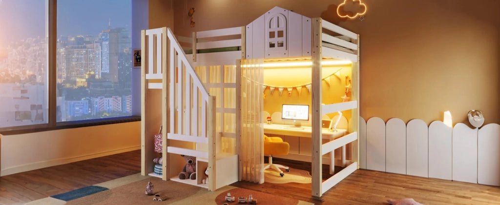LETTO A SOPPALCO 140x200 cm con luci LED, scala contenitore, Bianco/Naturale