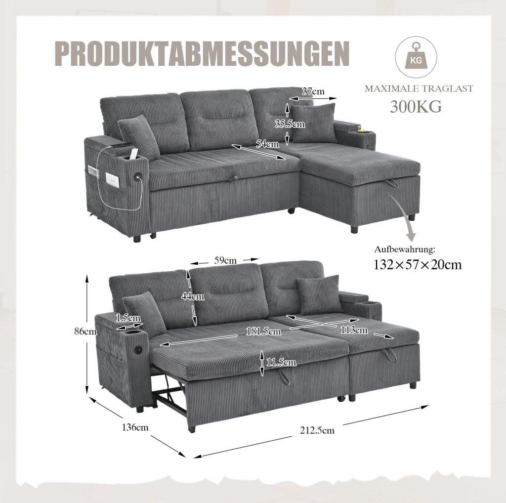 Divano 3 posti componibile con chaise longue e letto estraibile; in corduroy grigio carbon; 212;5 cm