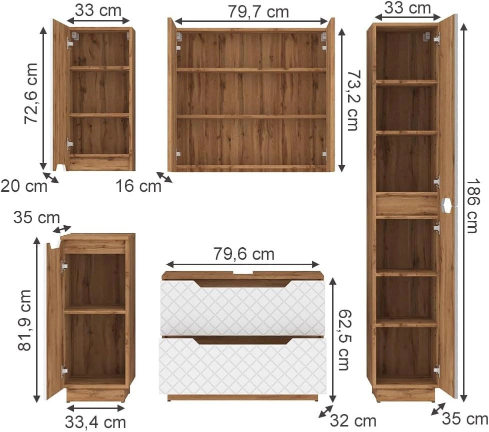 Set di mobili da bagno Lotta, Bianco, 79.6 cm, composto da mobile sottolavabo, specchiera, colonna, base media e pensile