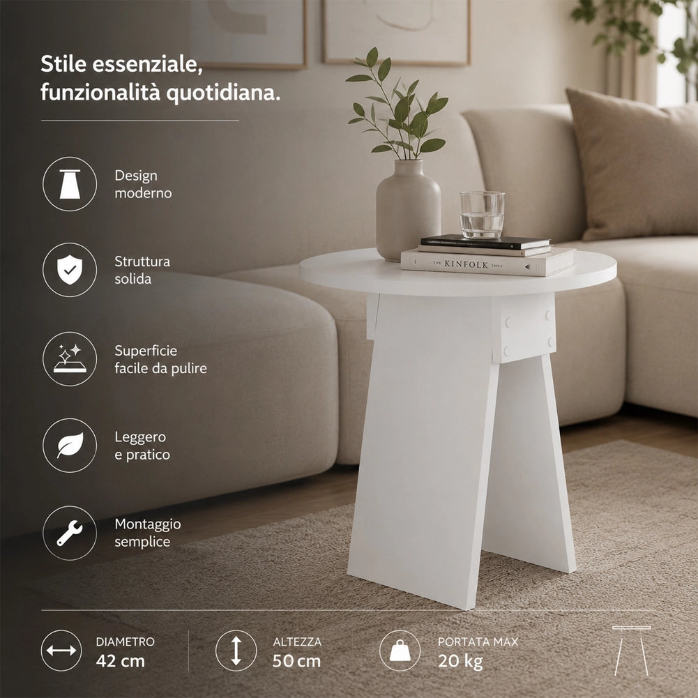Tavolino Rotondo Bianco da Soggiorno Design Minimal Tavolo Comodino 42x23.5x50cm