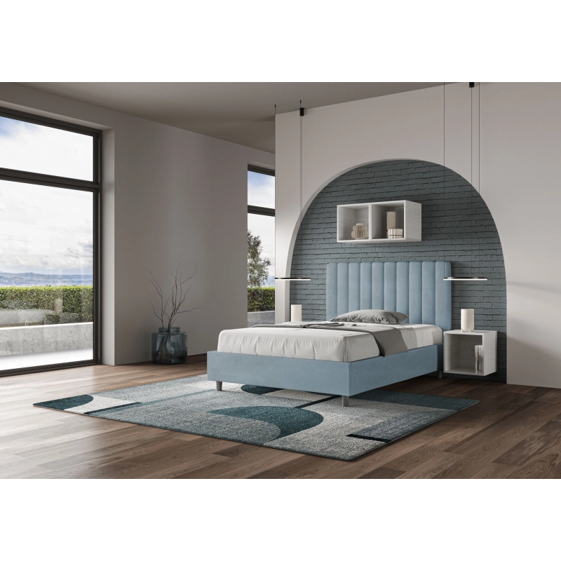 Letto imbottito 1 piazza e mezza 120x200 cm Agueda - Contenitore,Microfibra,Azzurro