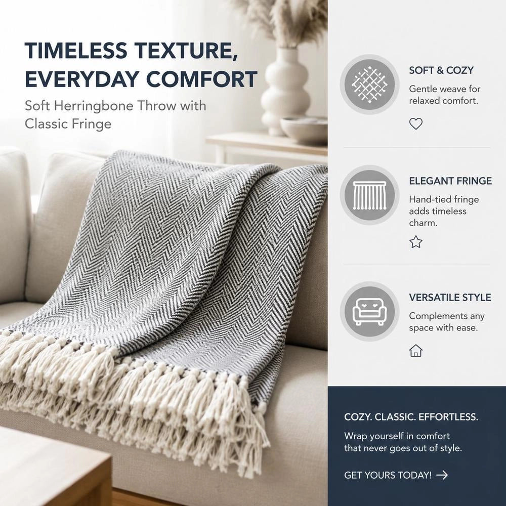 Cotton Throw With Herringbone Pattern, 160x210 Cm, Navy Blue