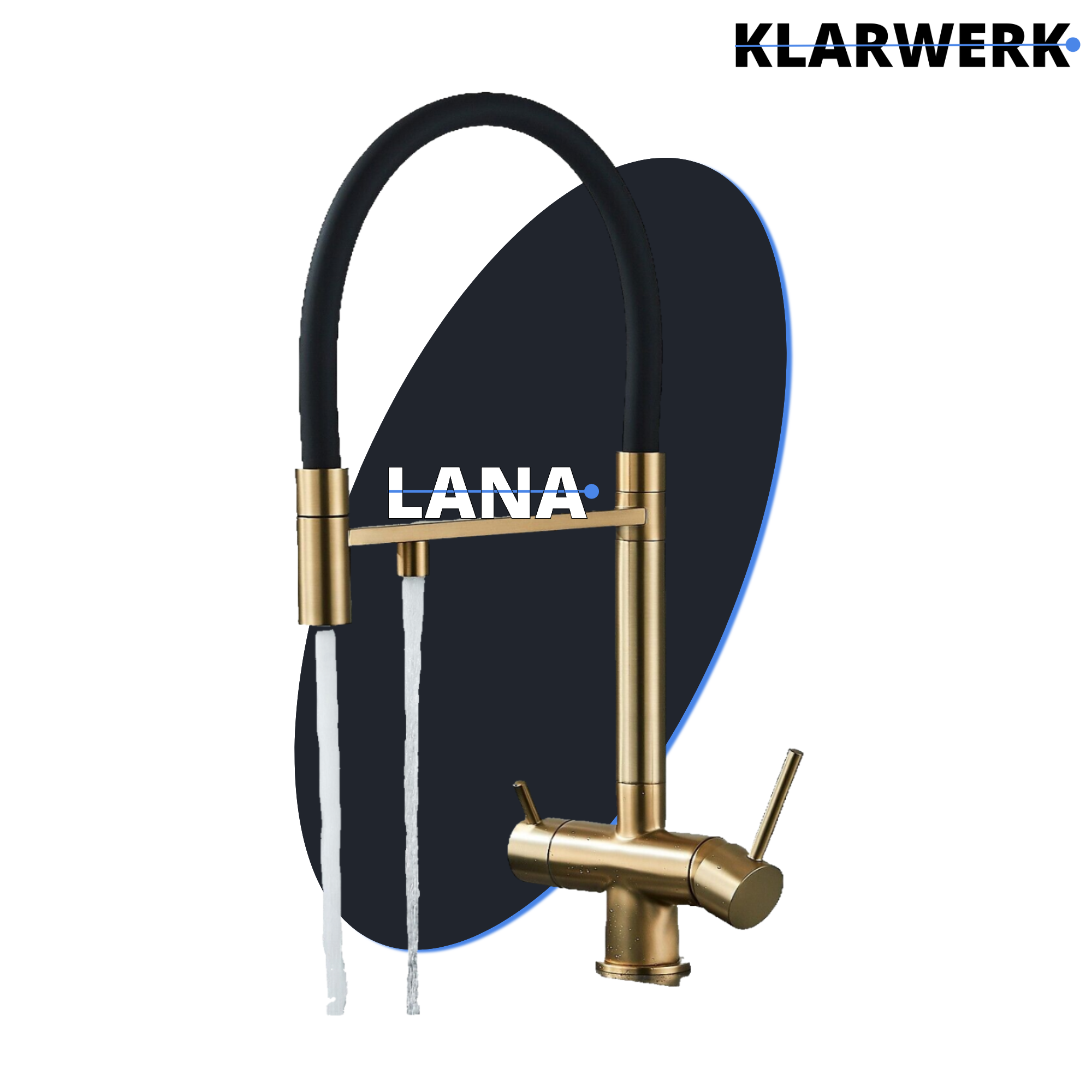 Lana | Rubinetto allungabile nero oro a 3 vie |Miscelatore cucina per acqua potabile in acciaio inossidabile - Girevole a 360° | Filtra 3 connessioni
