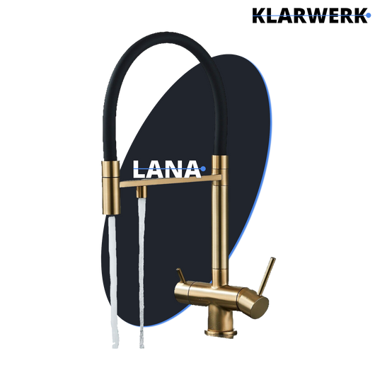 Lana | Rubinetto allungabile nero oro a 3 vie |Miscelatore cucina per acqua potabile in acciaio inossidabile - Girevole a 360° | Filtra 3 connessioni