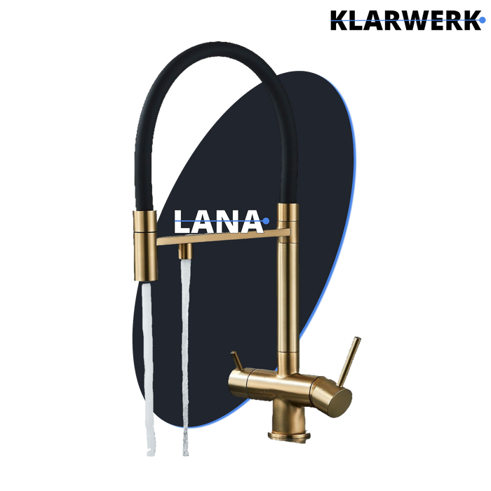 Lana | Rubinetto allungabile nero oro a 3 vie |Miscelatore cucina per acqua potabile in acciaio inossidabile - Girevole a 360° | Filtra 3 connessioni