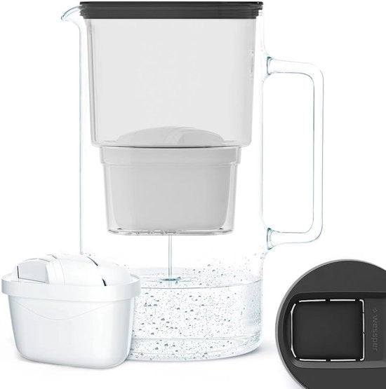 Filtro acqua in vetro - Filtro acqua - Riduce calcare e cloro - 1 pezzo - Nero - 3 litri