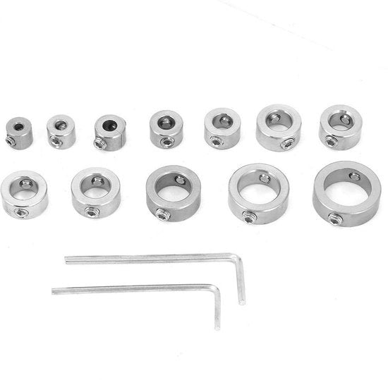 Set di fermatura di trapano 12 pezzi - Acciaio inossidabile - Diametri interni 3/4/5/6/7/8/9/9,5/10/12/14/16mm - Inclusi 2 chiavi a ingranaggio - Regolazione precisa - Peso 105g - Anello di fermatura del trapano