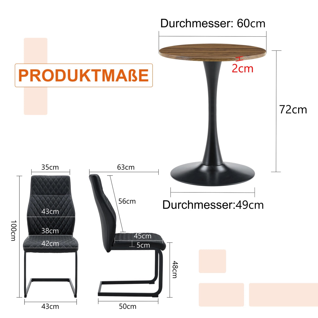 Set tavolo e sedie con 1 tavolo rotondo e 2 sedie imbottite; base centrale; in MDF e metallo nero noce
