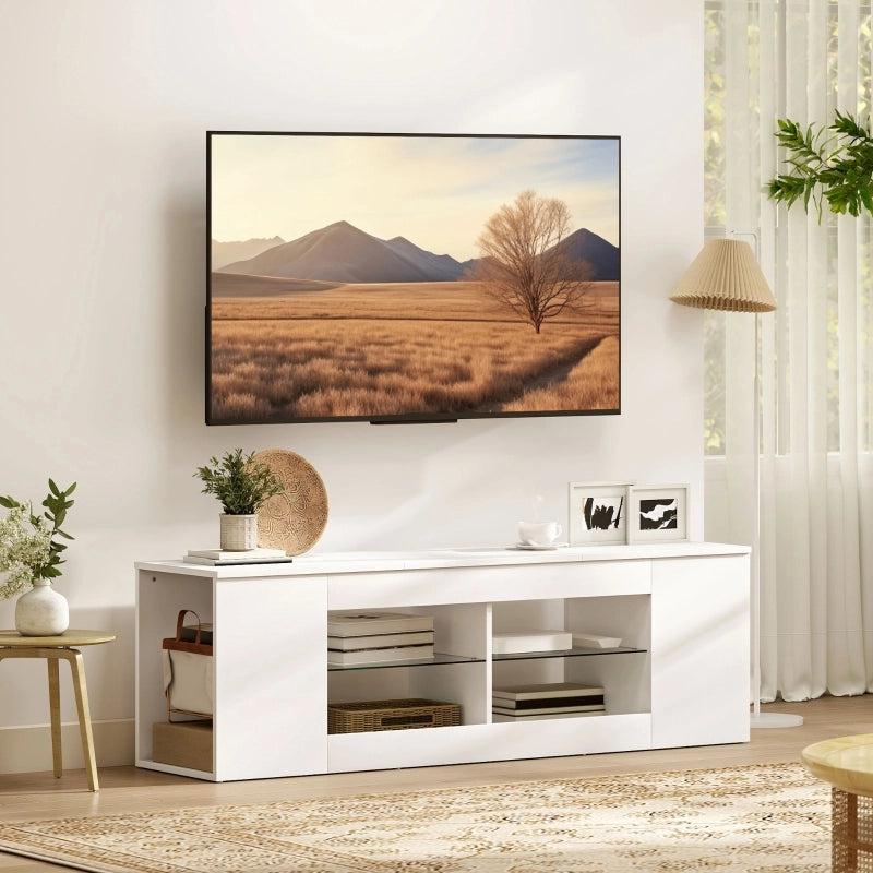 Mobile TV bianco 140 cm con 6 scomparti e 2 ripiani in vetro per TV fino a 65 pollici