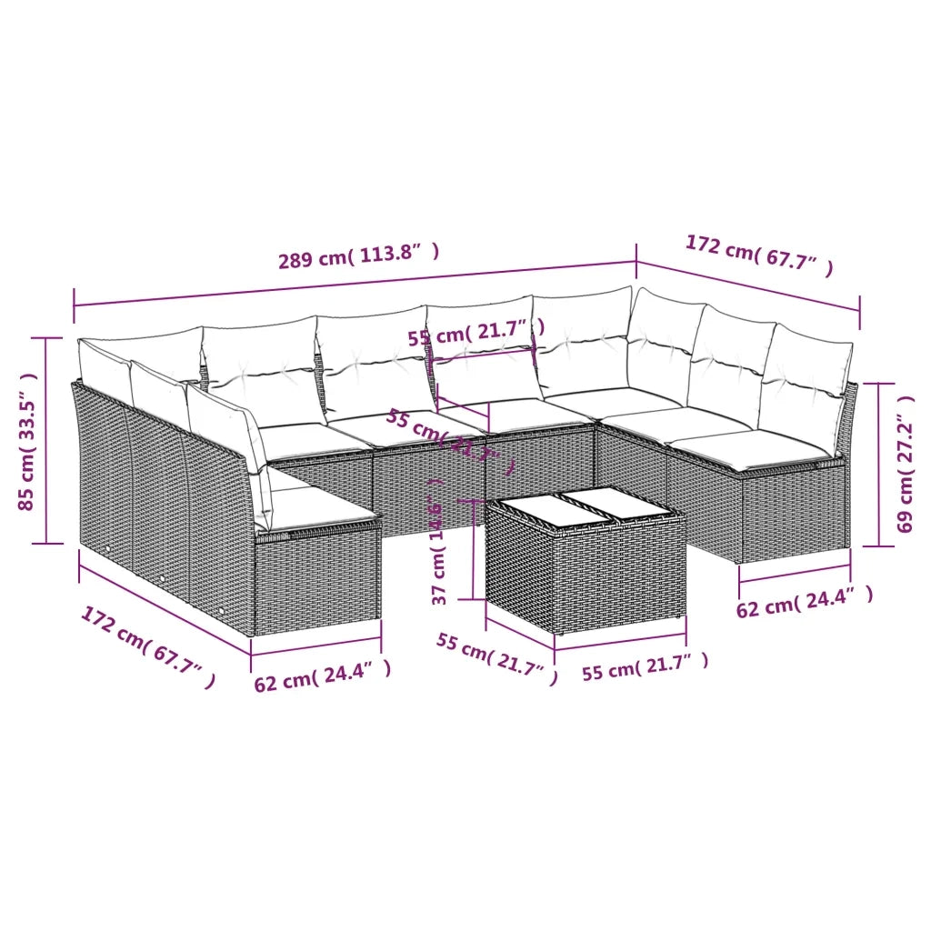 Set Divano da Giardino 10 pz con Cuscini Beige in Polyrattan 3249918