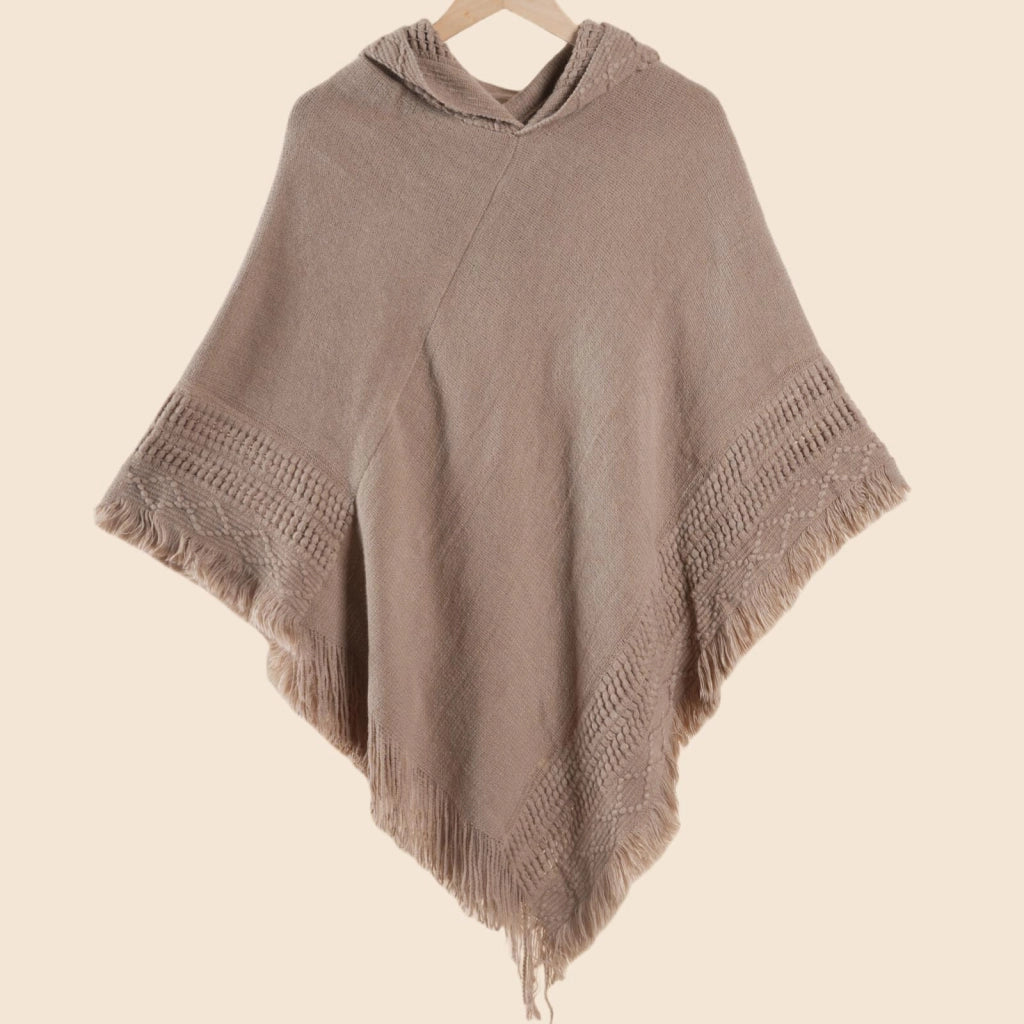 Mantella/scialle da donna con cappuccio in maglia, maglione a maglia larga, tinta unita, con nappe, mantella calda e versatile.