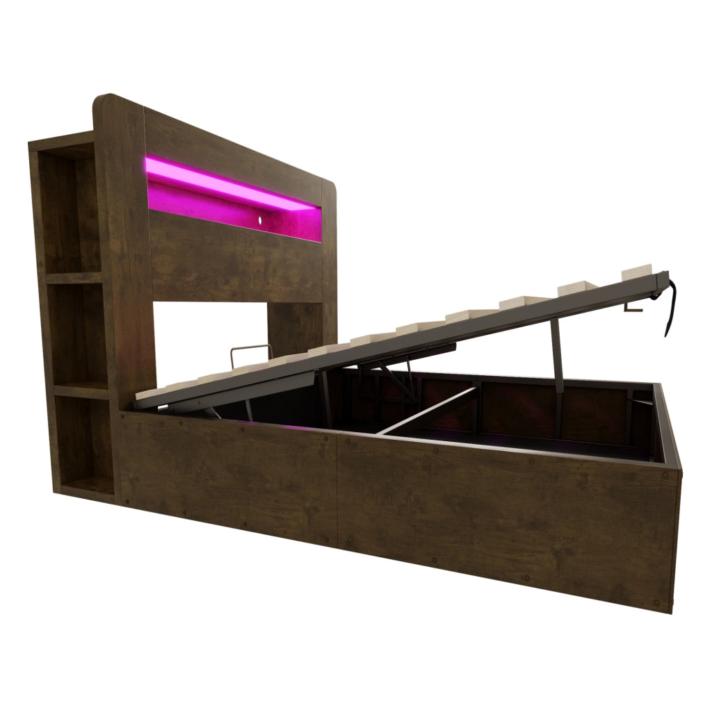 Letto 140x200 cm con contenitore idraulico; LED e prese in legno colore naturale
