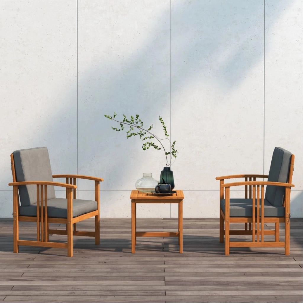 Set da giardino per 2 persone, in legno di acacia, mobili da esterno con cuscini, 1 tavolo e 2 poltrone, cuscini rimovibili, per cortile, patio, soggiorno