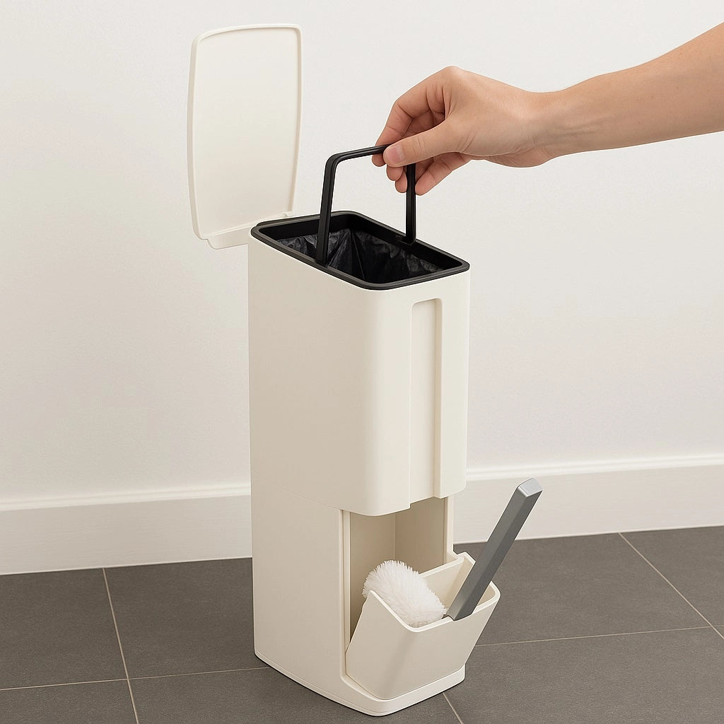 Set Scopino WC con Cestino Bagno 2 in 1 Salvaspazio Bianco con Portascopino