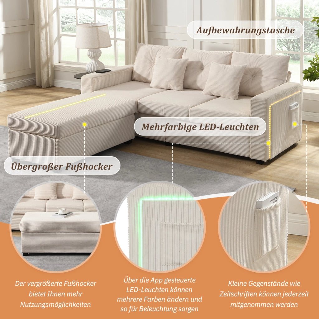 Divano modulare a L 3 posti - con LED e pouf multifunzione - in tessuto cord beige
