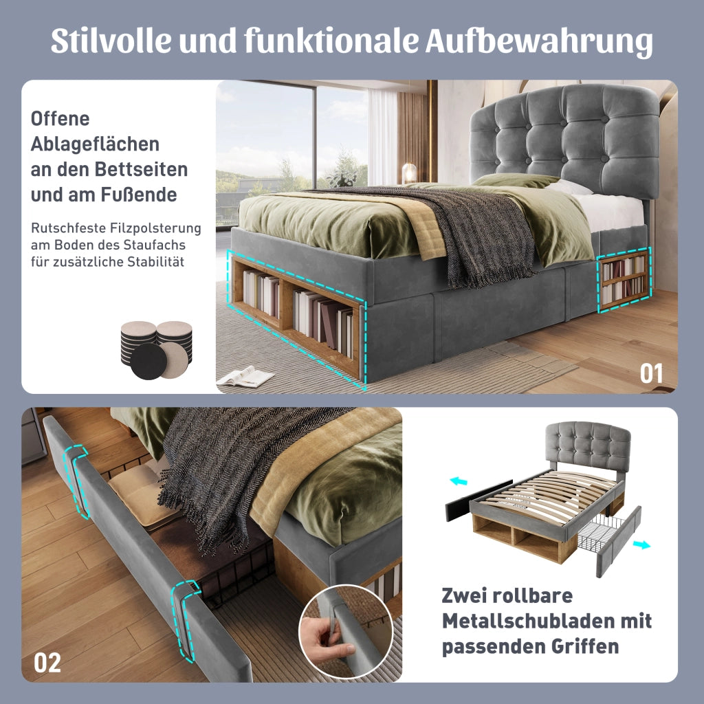 LETTO 90x200 cm Imbottito in Velluto Grigio con Cassetti e Testiera Regolabile