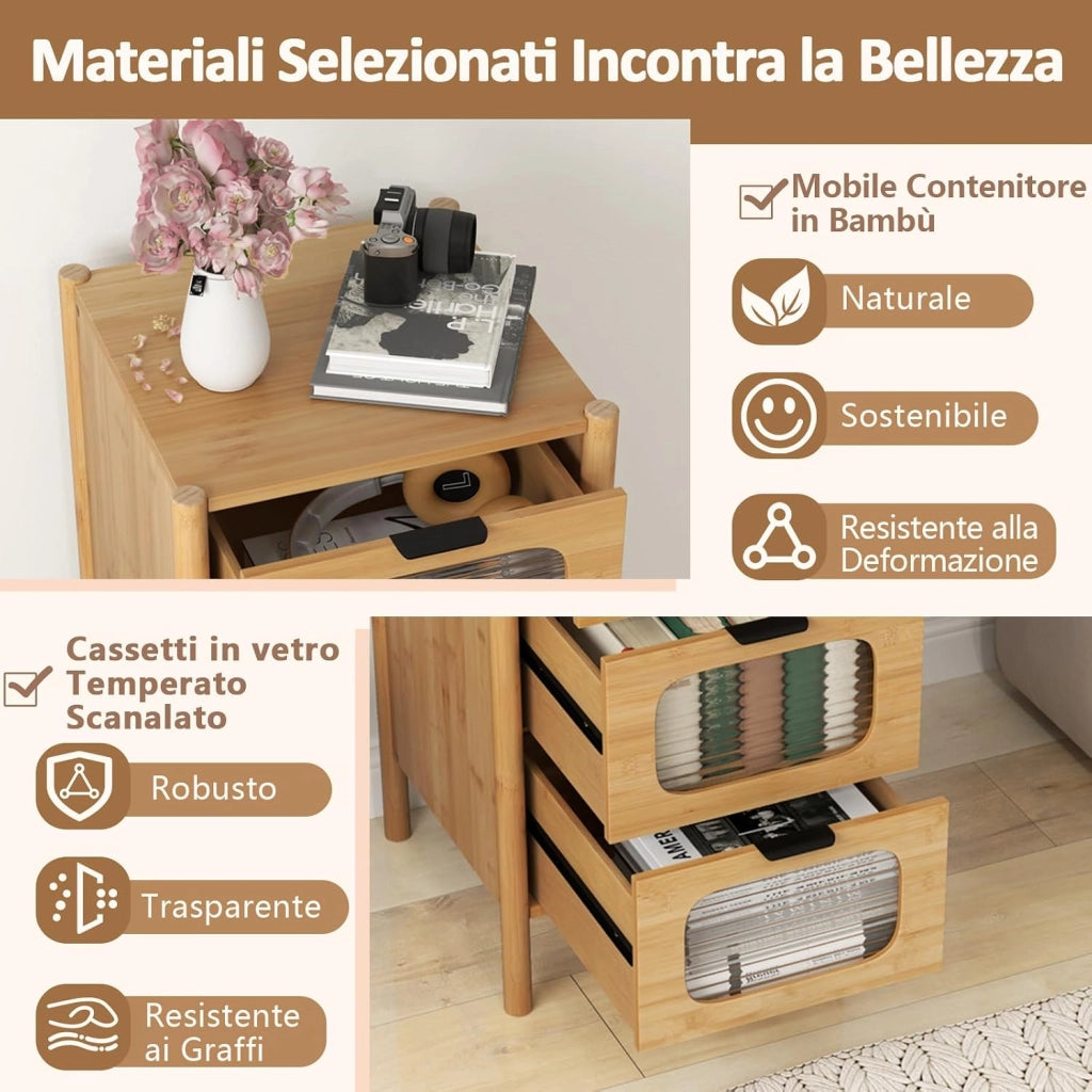Cassettiera a 4 Cassetti in Bambù e Vetro, Cassettiera Alta per Camera da Letto, Credenza Salvaspazio per Soggiorno, Ingresso e Corridoio, 40 x 40 x 97 cm, Naturale