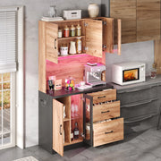 Pensile Alto da Cucina con LED e Ripiani ¨C MINIMAL ¨C Nero e Legno 105x40x180 cm