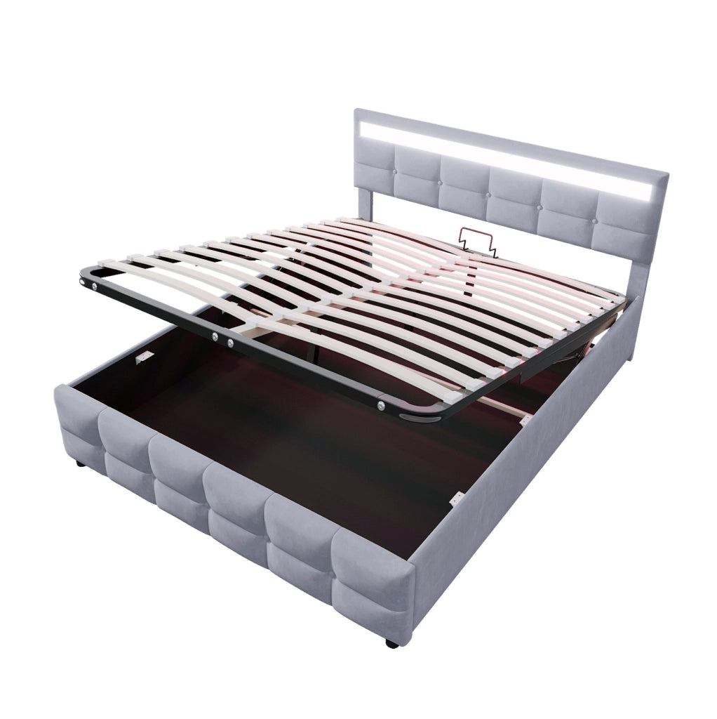 Letto imbottito 180x200 cm con LED e rete a doghe; velluto; grigio