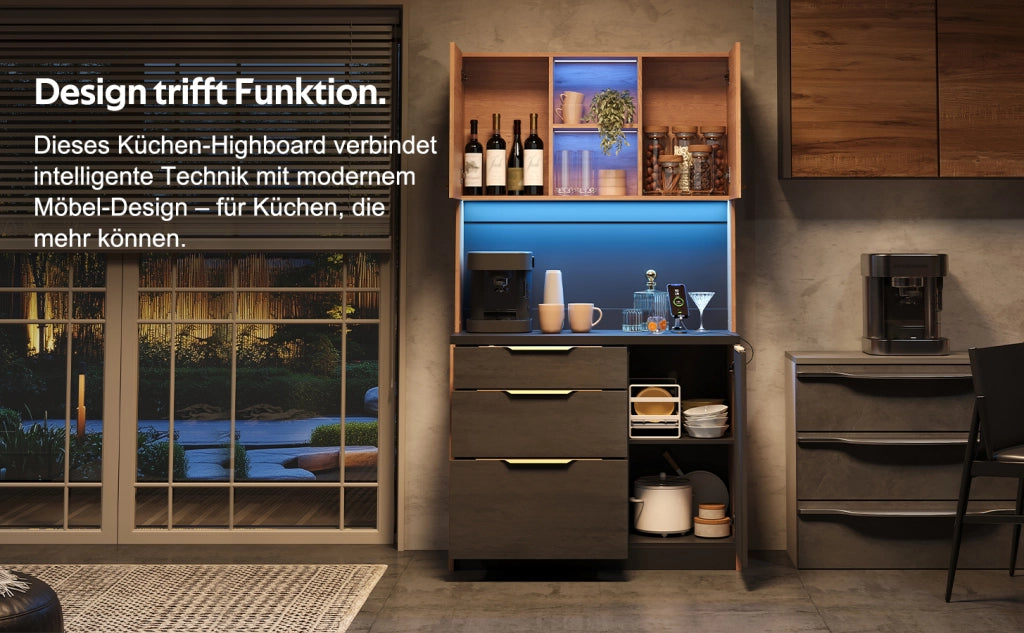 Credenza alta da cucina 100x40x180 cm in MDF, finitura moderna, piano nero, LED regolabile e presa EU