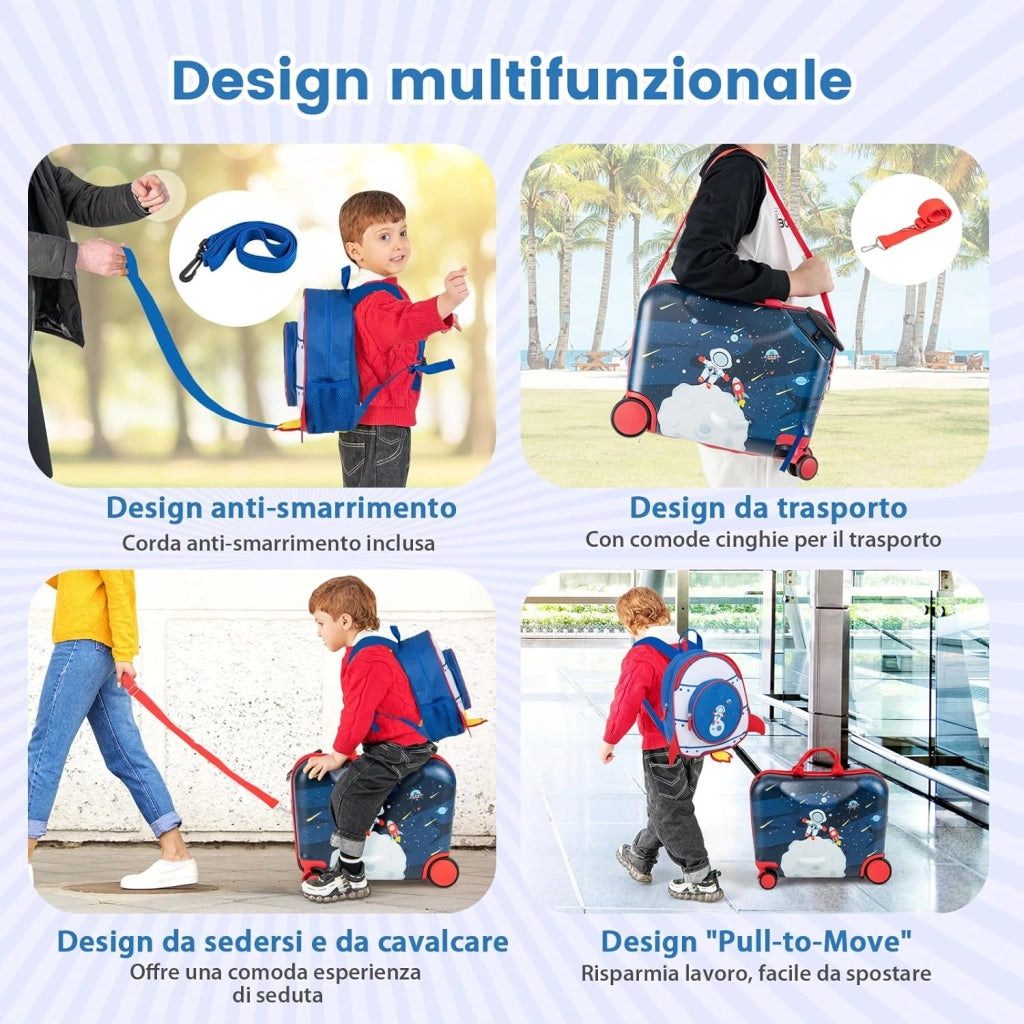Valigia Cavalcabile per Bambini, 18" Valigia+ 12" Zaino,2 Pezzi, Trolley Bambini Bagaglio a Mano con Ruote Girevoli e Maniglia Retrattile, 2 Cingie Multiuso (Modello 4)