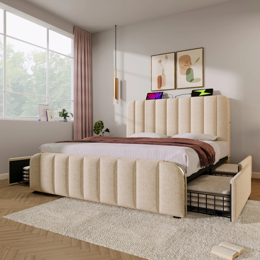 Letto matrimoniale imbottito 160x200 cm in lino beige con 4 cassetti; USB e materasso