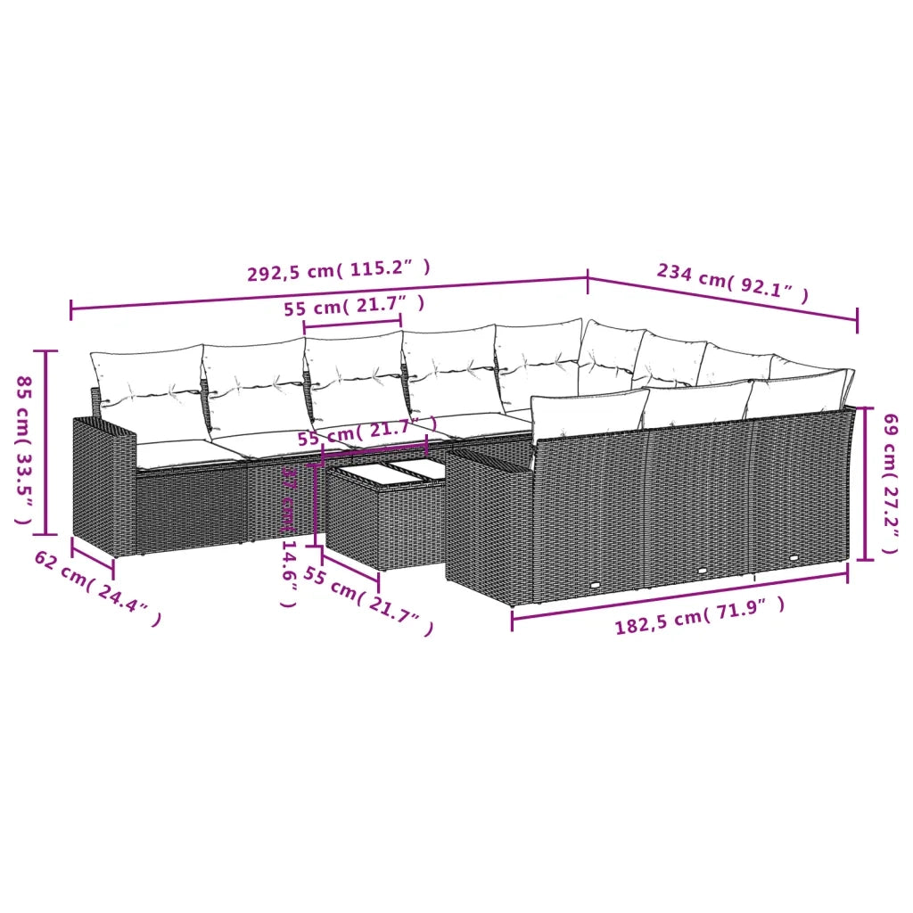 Set Divani da Giardino 11 pz con Cuscini in Polyrattan Nero 3219486