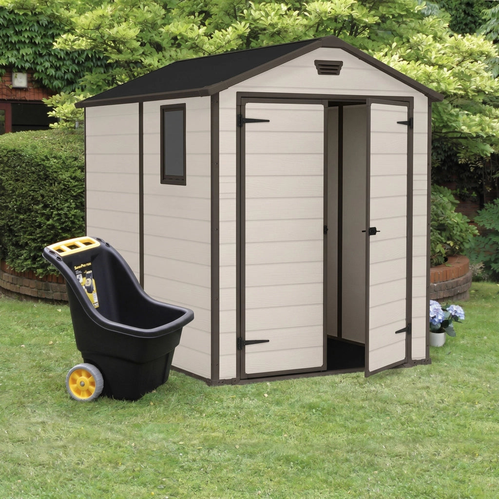 Manor 6x8 - Casetta da Giardino 185,80x227x236,80 cm 2 Ante per deposito attrezzi finitura effetto legno graffiato in Resina Beige