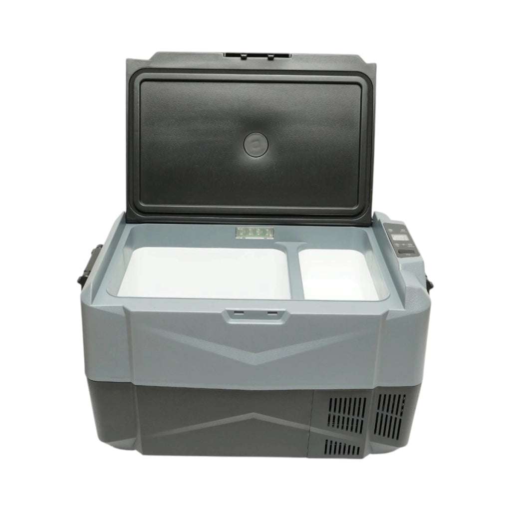 Frigorifero per auto 35L con compressore 12V-24V-220V, 60W, display LCD, doppia zona di raffreddamento, USB 630x390x390mm