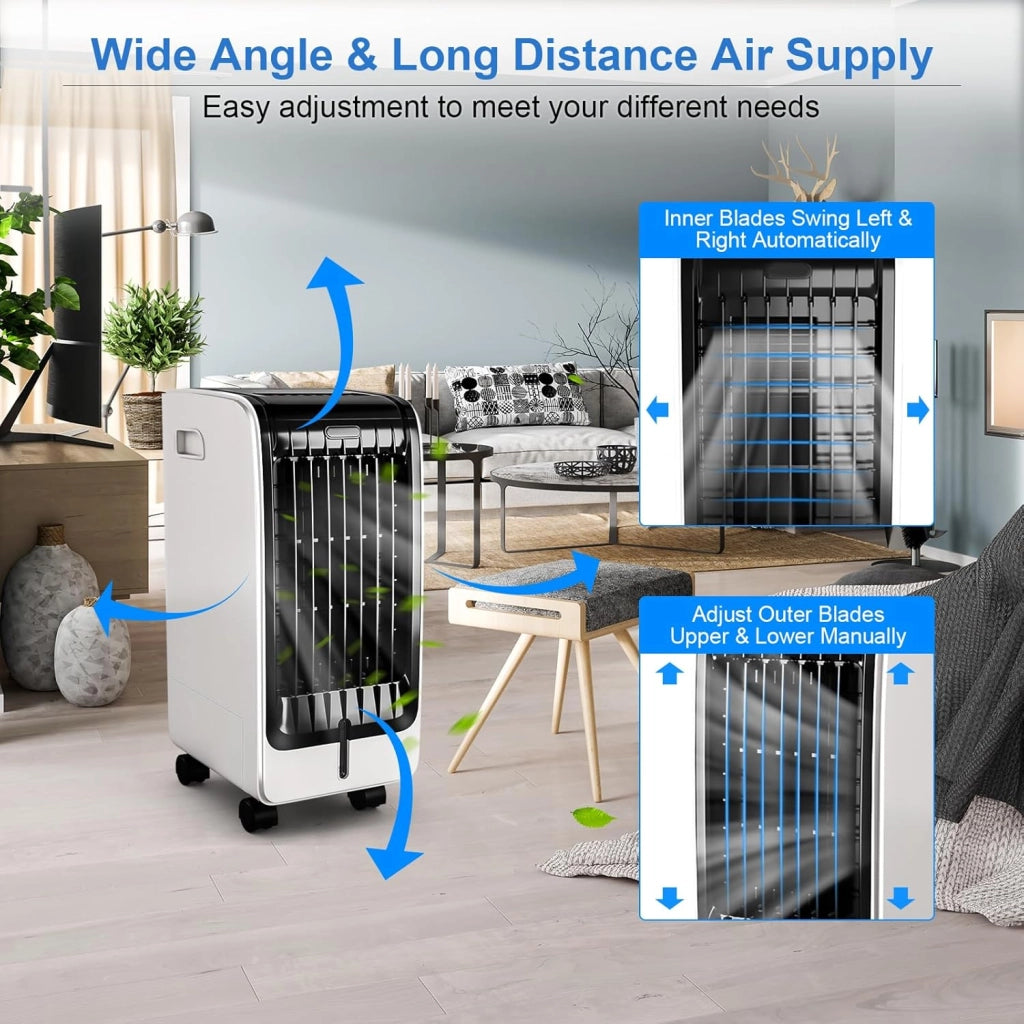 Raffreddatore d’Aria 75 W, 3 in 1 Air Cooler & Ventilatore & Umidificatore, 3 Modalità, 3 Velocità Regolabili, Timer 8 H, Serbatoio Acqua 6L, Telecomando, per Salone, Camera da Letto, Ufficio